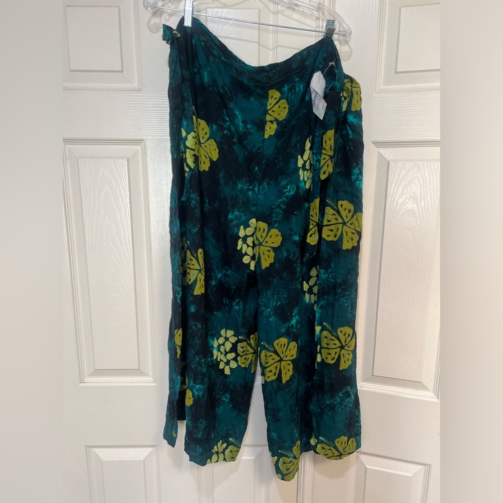 Floral Tie Dye Open Side Slit Tie Waist Boho Hippie Beach Coverup Pants SZ One